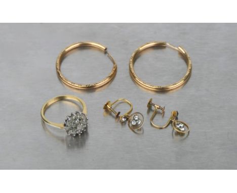 Two pairs of 9 ct gold earrings, weight 2.6 grams and yellow metal dress ring, size P, weight 2.1 grams