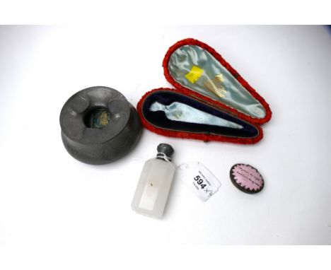 Victorian perfume bottle, Bilston style enamel box lid, pewter pot and scent bottle