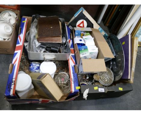 Two boxes of plated ware, ceramics, glassware, cutlery, light bulbs