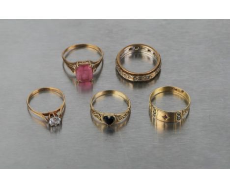 Five 9 ct gold dress rings, weight 11.4 grams