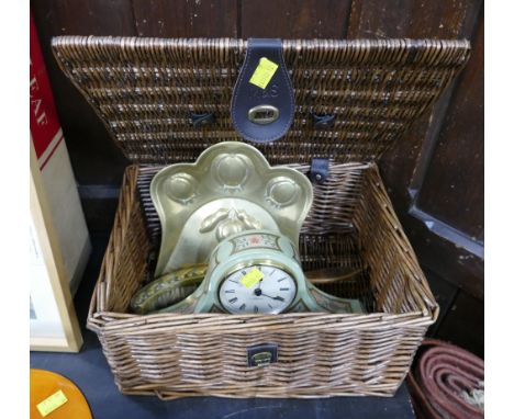Wicker hamper, Art Nouveau brass crumb brush and pan and Thomas Messel clock
