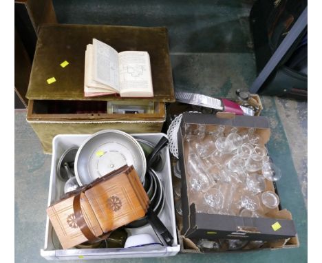 Wooden storage box, glassware, cooking pans, sewing box etc