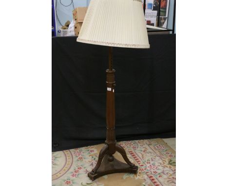 Mahogany Telescopic Standard Lamp with acanthus carving and claw foot tripod base, with silk shade