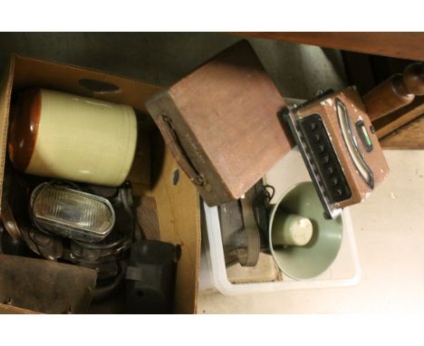 Mixed Lot including Loud Speaker, 2 Voltmeters, Stoneware Jar, Leather Bags, Lights, etc 