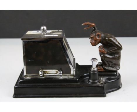 Art Deco ' Ronson 'Pik a Cig' Novelty Chrome, Enamel and Spelter Cigarette Dispenser with Match Striker in the form of a Movi