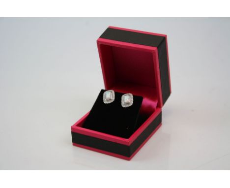 Pair of Silver Stud Earrings set with Central Opal Panel and CZ's