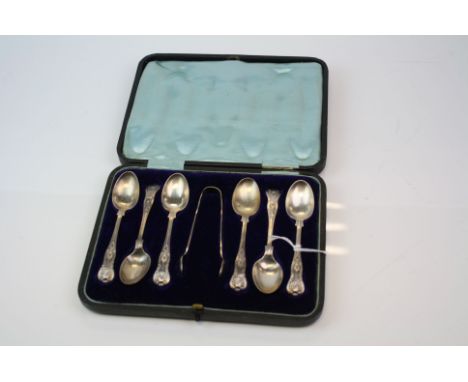 Cased set of six Edwardian silver Kings Pattern teaspoons with matching sugar tongs, makers James Deakin &amp; Sons, Sheffiel