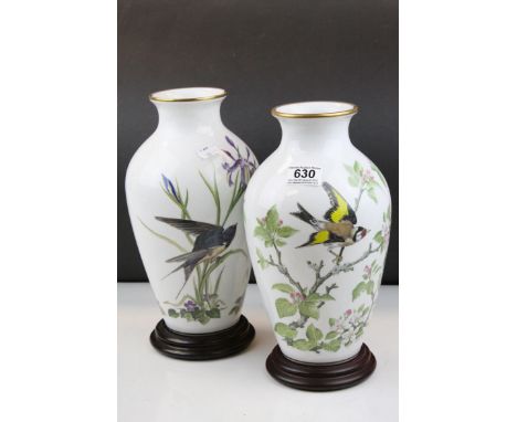Pair of Franklin Mint ' Woodland Bird ' Ceramic Vases on Wooden Stands, 32cms high