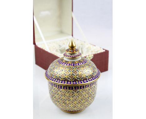 Cased Ceramic Lidded Pot, highly decorated and marked ' Hand Painted in Thailand ', 15cms high