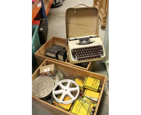 Two Wooden Crates with Various Cine Camera Equipment including Kodak Film plus a Splendid 33 Typewriter