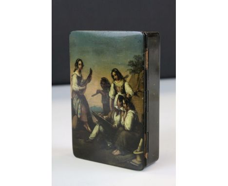 19th century Stobwasser papier mache lacquered snuff box, hand painted idyllic scene depicting artist and musicians in countr