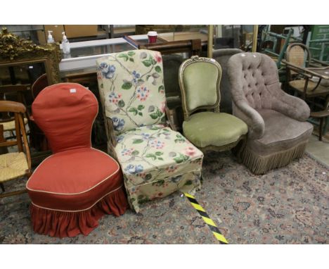 Victorian Nursing Chair with Red Cover, Victorian Button Back Grey Tub Chair, Louis XVI Style Carved and Painted Single Chair