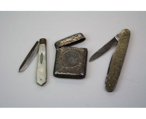 Birmingham 1875 Walker Hall silver fruit knife, Birmingham 1987 silver vesta vase &amp; 1937 ER Coronation souvenir pocket kn