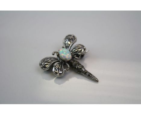 Silver Dragonfly Brooch with Opal Cabochon to the body