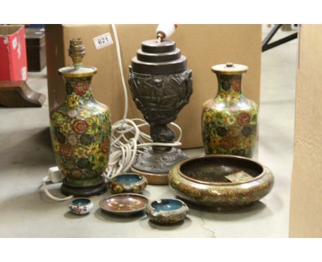 Quantity of cloisonne items two include pair of lamps converted from vases and a bronzed spelter lamp decorated with youngs s