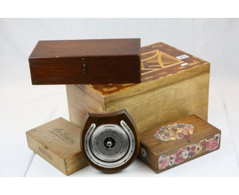 A quantity of wooden boxes and a mid century equestrian barometer.