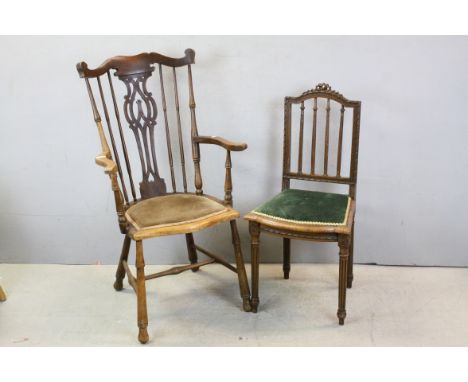 Early 20th century Ash and Beech Stick Back Elbow Chair together with a 19th century Bedroom Chair with Ornately Carved Top R