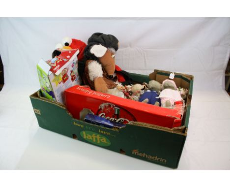 Box of Assorted Toys including Elmo, Womble, Limited Edition Coca Cola, Pelham Puppet, etc