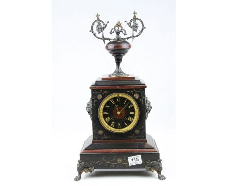 Victorian Slate and Marble Mantle Clock surmounted by an Urn Shaped Finial, raised on Metal Lion Paw Feet, with key, 49cms hi