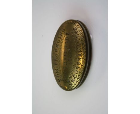 A brass snuff box with lead lining marked Tom Frankling Corsham Side 1909 Nr. Corsham Wilts To The Top.