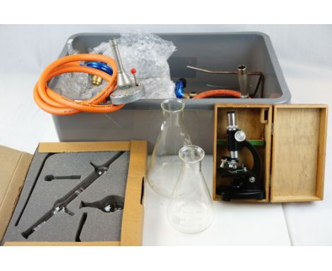 Collection of Chemistry Lab Equipment including Glass Beakers, Microscope, Flasks, etc