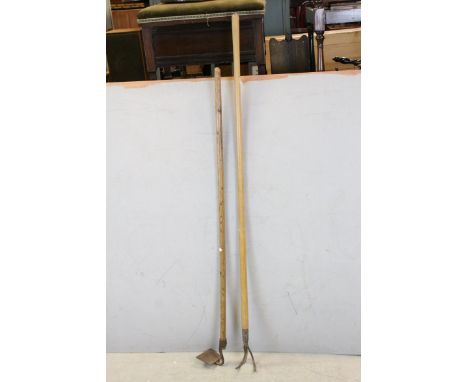 Two Vintage Garden Tools with Long Turned Wooden Handles - Hoe and a Weeder, largest 158cms high