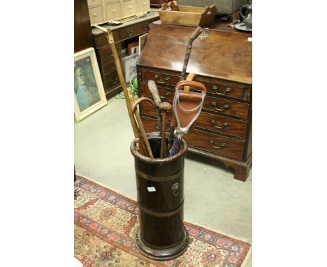 Brass Bound Wooden Stick Barrel, 56cms high together with a Quantity of Sticks including Knobkerrie