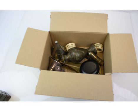 Quantity of Brass and Collectable Items including Trench Art Lighter and other Trench Art, Rabone Button Polisher, Travel Clo