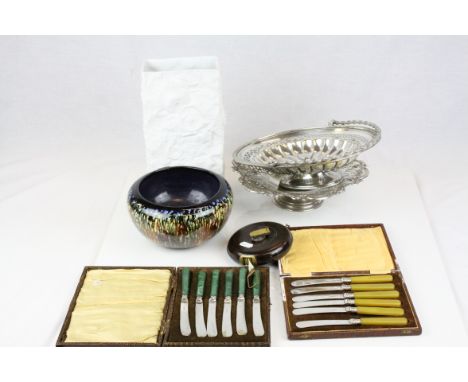 A group of sundries to include silver plated Walker and Hall basket a blanc de chine vase with fossil decoration ,Bretby bowl