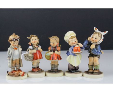 Five Goebel Hummel Figures including Baker, Boy with Toothache, Doctor, Little Shopper and School Girl, largest 14.5cms high