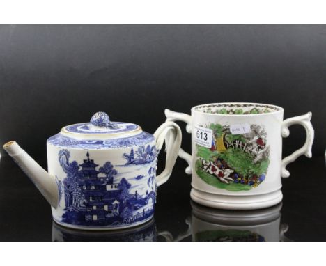 An 18th century Chinese export willow pattern teapot with strapwork handle and a berrie knop together with a 19th century two