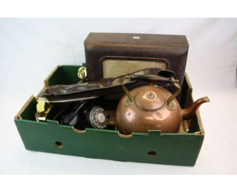 Mixed Lot including Copper Kettle, Two Telephones, Bakelite Cased Speaker and Two Cased Recorders