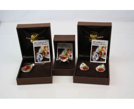 Three Royal Albert Country Roses Old Willow &amp; Country Roses Cased 925 Sterling Silver Jewellery Pieces To Include a ring 