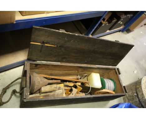 Stained Pine Tool Box with Rope Handles containing a Quantity of Wooden Handled Tools including Saws