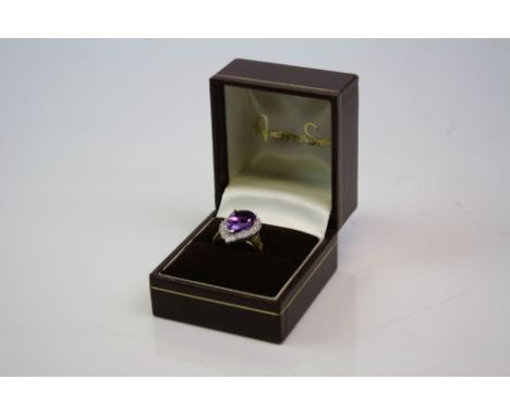 Pear Shaped Amethyst and CZ Ring set in Silver