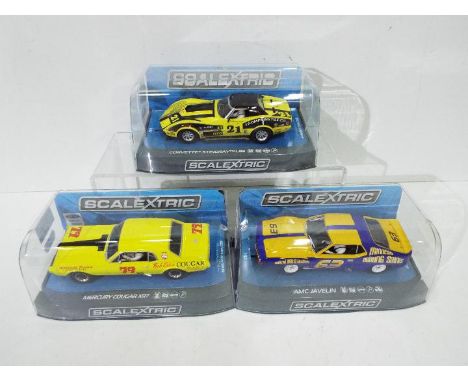 Scalextric - three 1:32 scale Scalextric cars comprising Mercury Cougar XR7 #C3729, AMC Javelin #C3876 and Corvette Stingray 