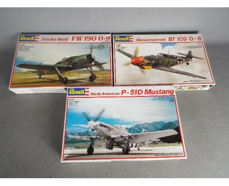 Revell - Three boxed Revell plastic military aircraft model kits in 1:32 scale. Lot consists of #4778 North American Mustang 