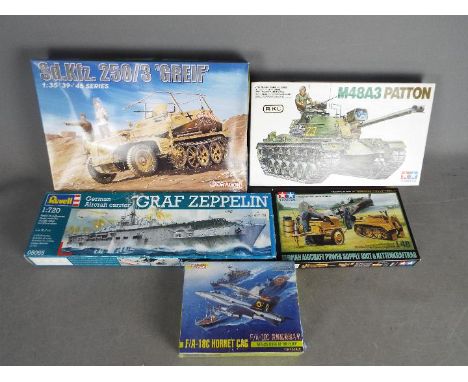 Revell, Dragon, Tamiya - Five boxed plastic model kits in various scales. Lot includes Tamiya MM220 M48A3 Patton Tank (part b
