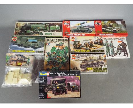 Airfix, Revell, Tamiya - 11 boxed / packeted model kits in various scales. Lot includes Tamiya MM138 German Machine Gun Troop