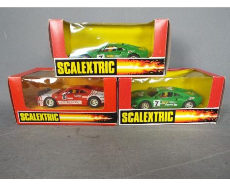 Scalextric - 3 x Ferrari 288 GTO slot cars # 8343, # 8338. All three cars appear in Mint condition, the boxes are Fair with s