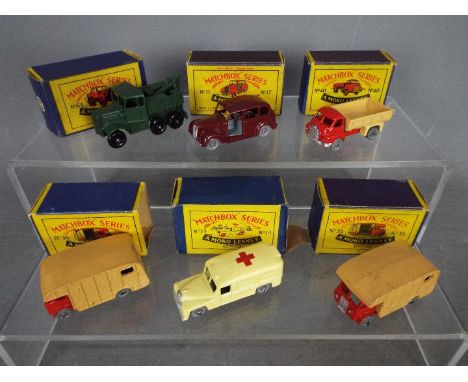 Matchbox, Moko, Lesney - Six boxed diecast vehicles by Matchbox. Lot includes #17 Austin FX3 Taxi; #35 ERF Marshall Horse Box