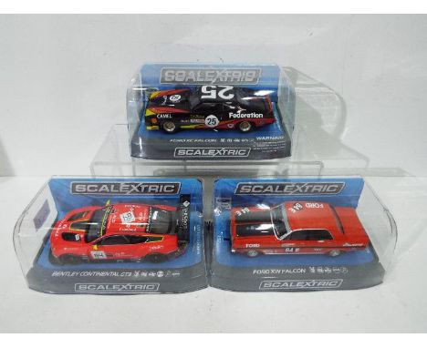 Scalextric - three 1:32 scale Scalextric cars comprising Ford XW Falcon #C3872, Bentley Continental GT3 #C3845 and Ford XC Fa