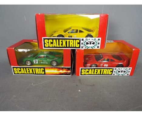 Scalextric - 3 x Ferrari slot cars, a 288 GTO and 2 x F40 models, # 8343, # 8345, # 8352. All three cars appear Mint, there i