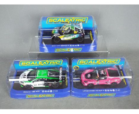 Scalextric -  Three boxed Scalextric slot cars. Lot includes Scalextric C3605 McLaren 12C GT3 RN61; C3600 Lotues Exige V6 Cup