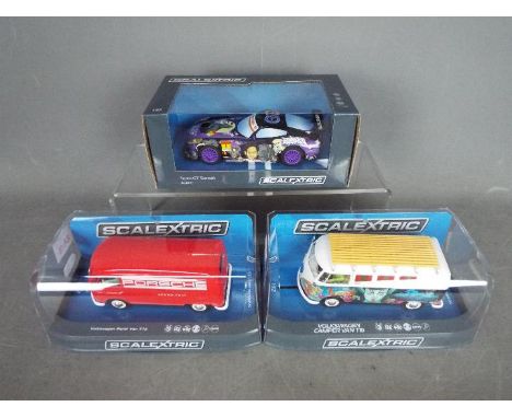 Scalextric - three 1:32 scale Scalextric cars comprising Volkswagen Camper Van Type 1b #C3891, Volkswagen Panel Van T1b #3755