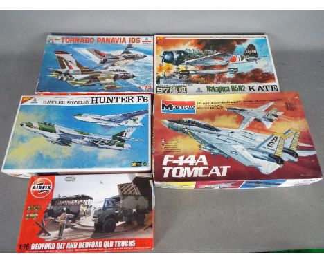 ESCI, Airfix, Nichimo, Monogram - Five boxed plastic model kits in various scales. Lot includes Monogram #5803 1:48 F-14A Tom