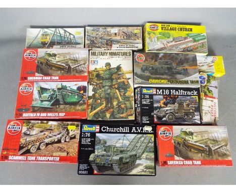 Airfix, Revell, Tamiya, Others - 13 boxed / carded model kits in various scales. Lot includes Revell #03221 Churchill AVRE Ta