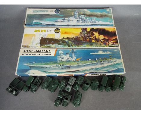 Matchbox - Airfix - A group of 18 x Matchbox military vehicles and 3 x empty Airfix boxes including # 55 D.U.K.W, # 63 Ford 3