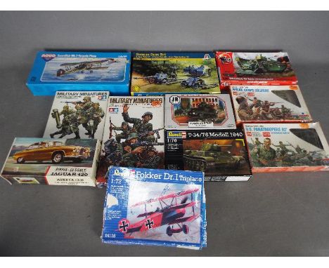 Tamiya, Airfix, Revell, Novo, Others - 11 boxed model kits in various scales. Lot includes Tamiya MM130 German Assault Troops