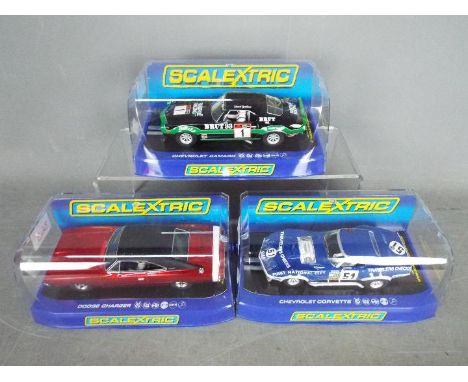 Scalextric - three 1:32 scale Scalextric cars comprising Chevrolet Camaro #C3612, Chevrolet Corvette C3654 and Dodge Charger 